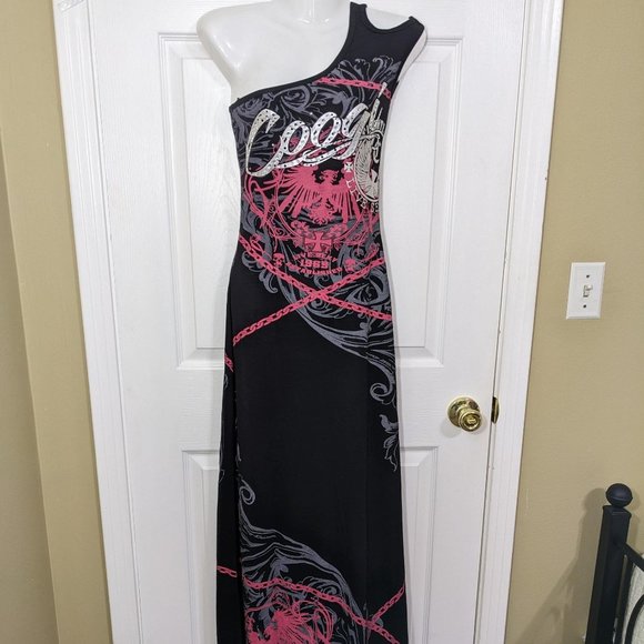 COOGI Black One Shoulder LIVE SEXY Chains Rhinestone Studs Maxi Dress - S* NWT - Picture 1 of 15